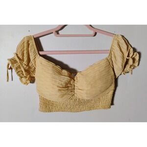 Privy Privately Privileged Yellow Ruched Crop Sweetheart Puff Sleeve Blouse Sz M
